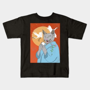 Happy Monk Cat Sake Kids T-Shirt